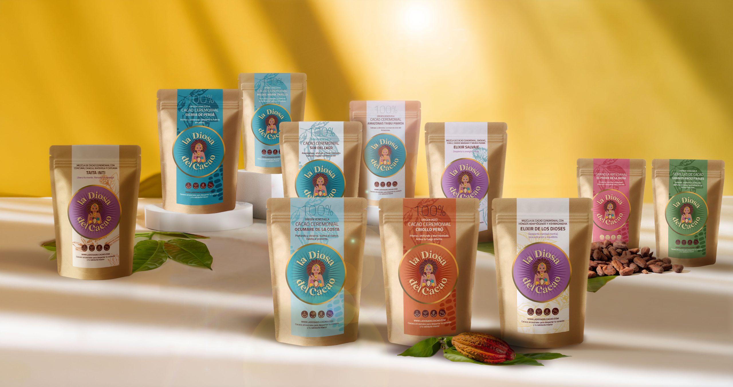 Sistema de packaging diseñado para la familia completa de productos de La Diosa del Cacao