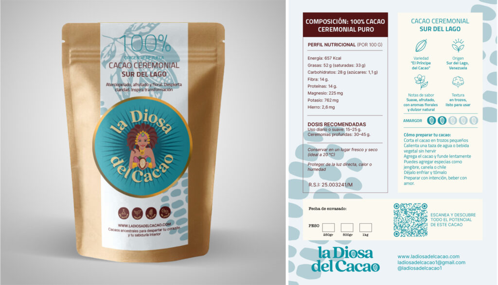 Diseño de etiquetas para productos de cacao ceremonial desarrollado para La Diosa del Cacao