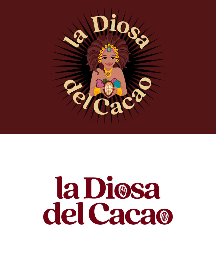 Sistema de identidad visual desarrollado para La Diosa del Cacao con logotipo principal y versión secundaria